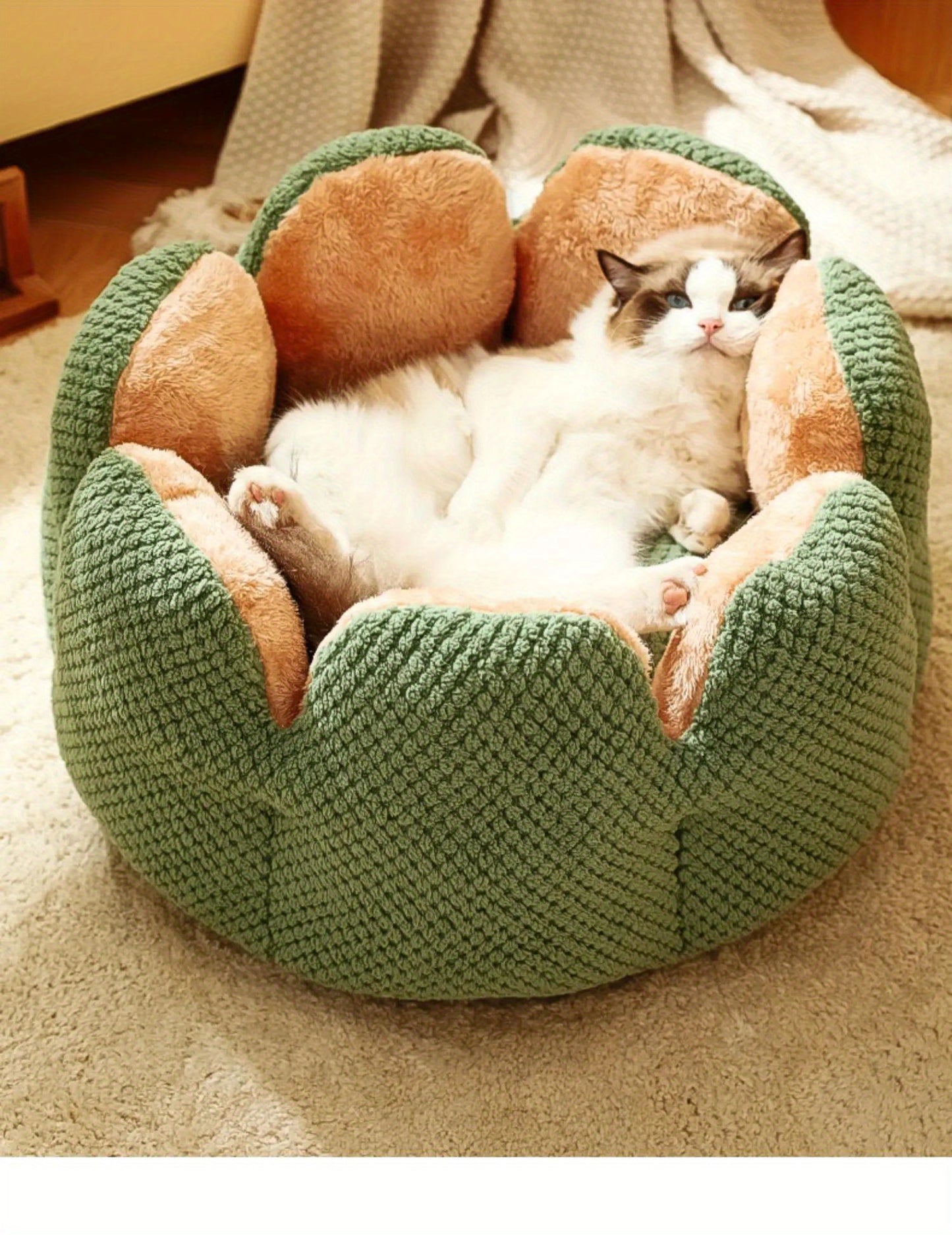 Coussin Douillet en Forme de Fleur pour Chat ou Chiot – Panier Rond en Peluche, Moelleux et Chaleureux pour l’Hiver