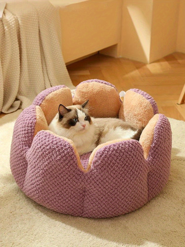 Coussin Douillet en Forme de Fleur pour Chat ou Chiot – Panier Rond en Peluche, Moelleux et Chaleureux pour l’Hiver