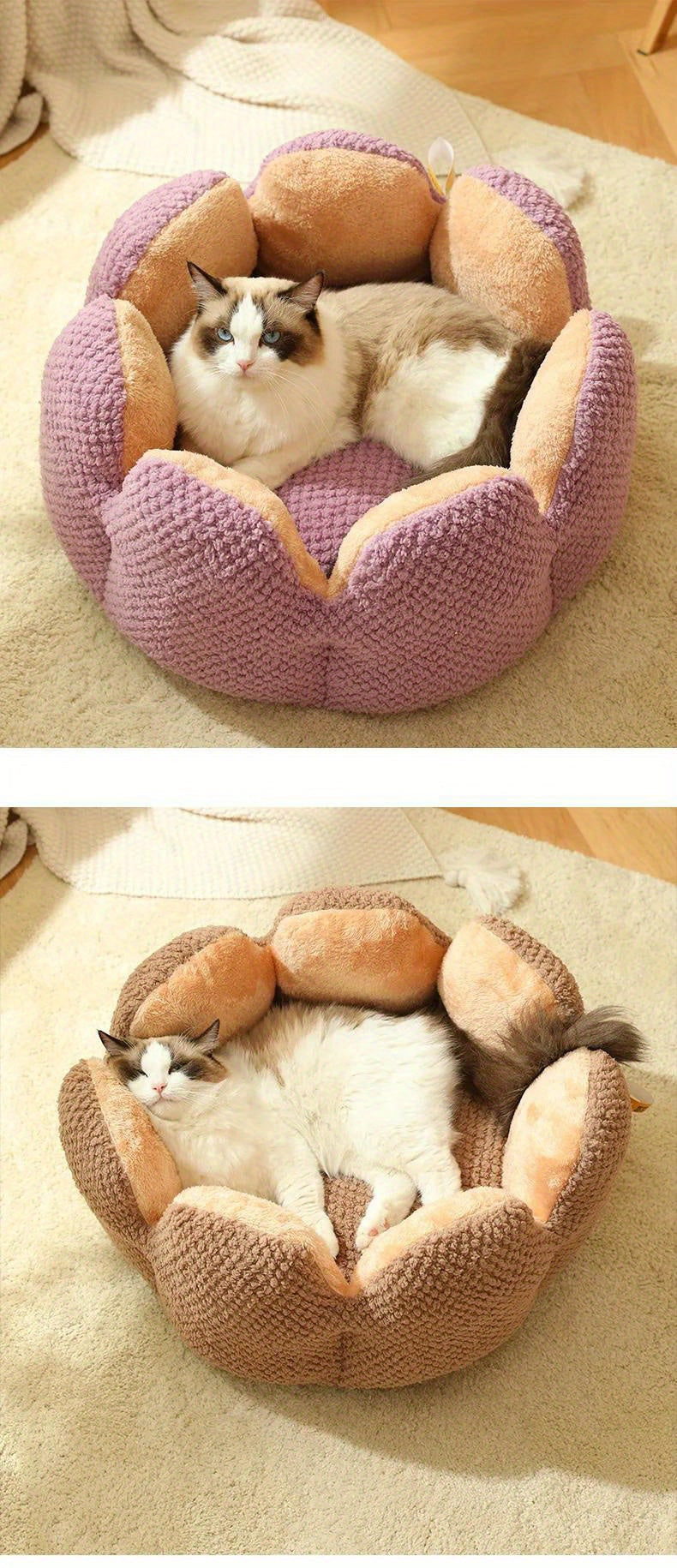 Coussin Douillet en Forme de Fleur pour Chat ou Chiot – Panier Rond en Peluche, Moelleux et Chaleureux pour l’Hiver