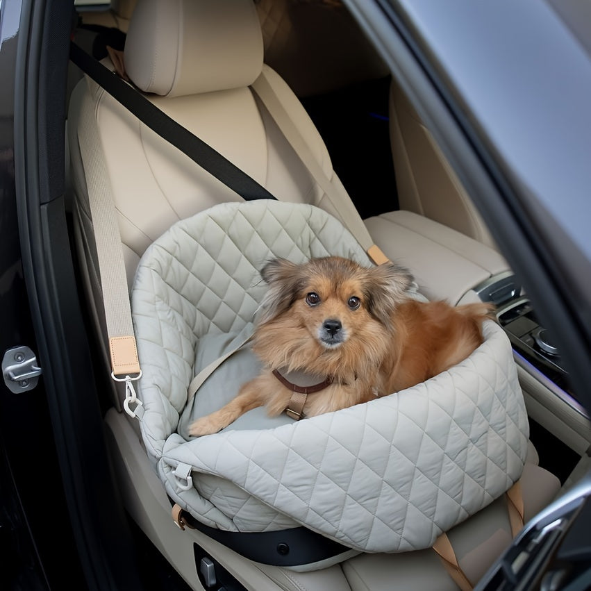 Siège Auto Matelassé pour Animaux – Coloris Gris Clair – Transporteur Sécurisé en Polyester Résistant avec Laisse Intégrée, Sangles de Sécurité et Appui-Tête Ajustable – Pour Chiens et Chats