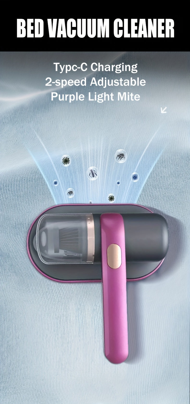 Aspirateur Anti-Acariens Compact – Stérilisation UV, Élimination Efficace des Poils d’Animaux, Poussière, Squames et Acariens – Idéal pour Matelas, Canapé, Tapis et Literie