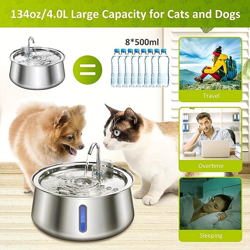 Fontaine à Eau Automatique en Acier Inoxydable pour Chat – 4L / 134oz – Distributeur d’Eau Silencieux avec Fenêtre de Niveau et Bec Imitation Robinet – Idéale pour Chats d’Intérieur