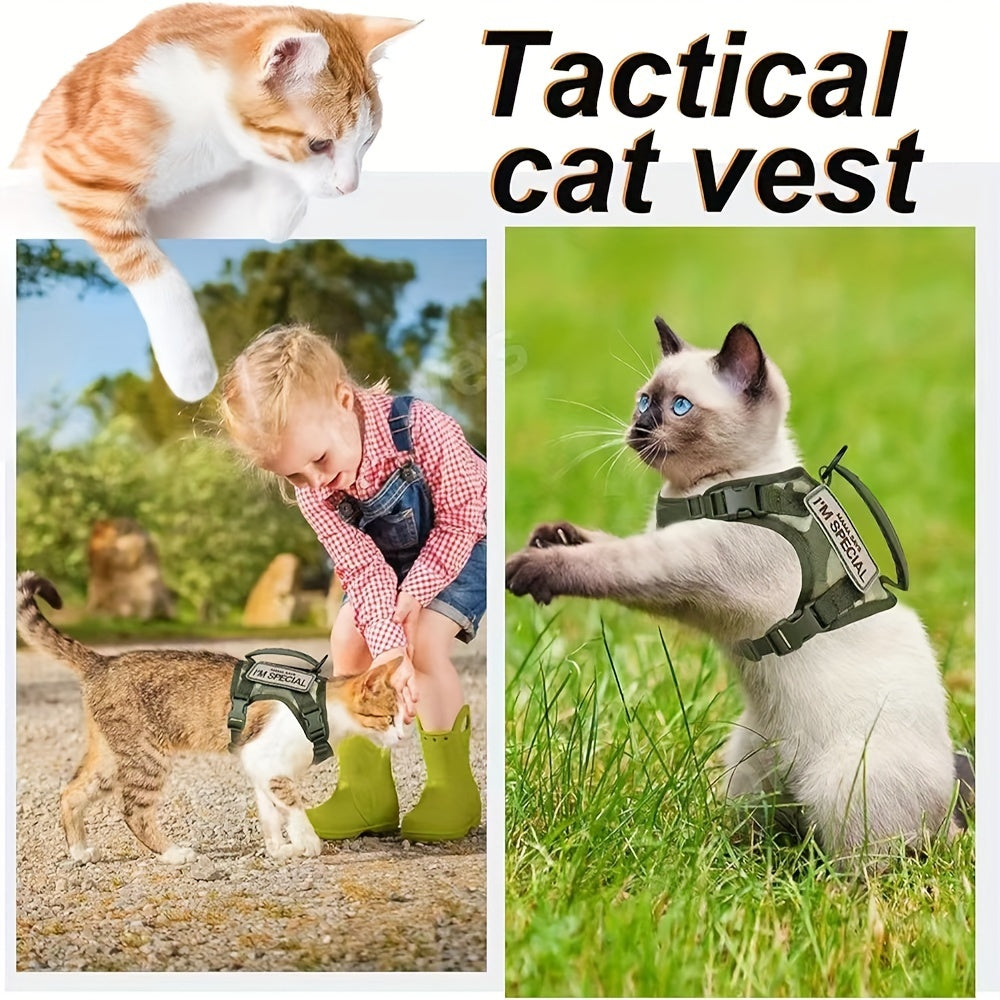 Harnais Tactique Antifugue pour Chat – 1 Pièce – Gilet de Marche Sécurisé et Confortable – Harnais Réglable en Maille Douce avec Poignée de Contrôle – Antitraction