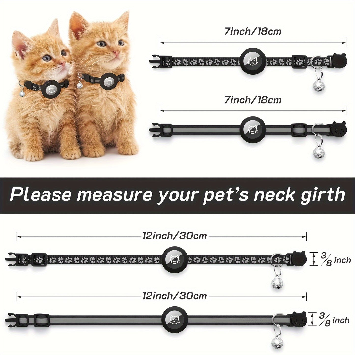 Lot de 2 Colliers pour Chat avec Support AirTag – Collier Sécurité Réfléchissant avec Clochette – Boucle Anti-étranglement – Réglable 17,8 à 30,5 cm – Pour Chats Femelles et Mâles