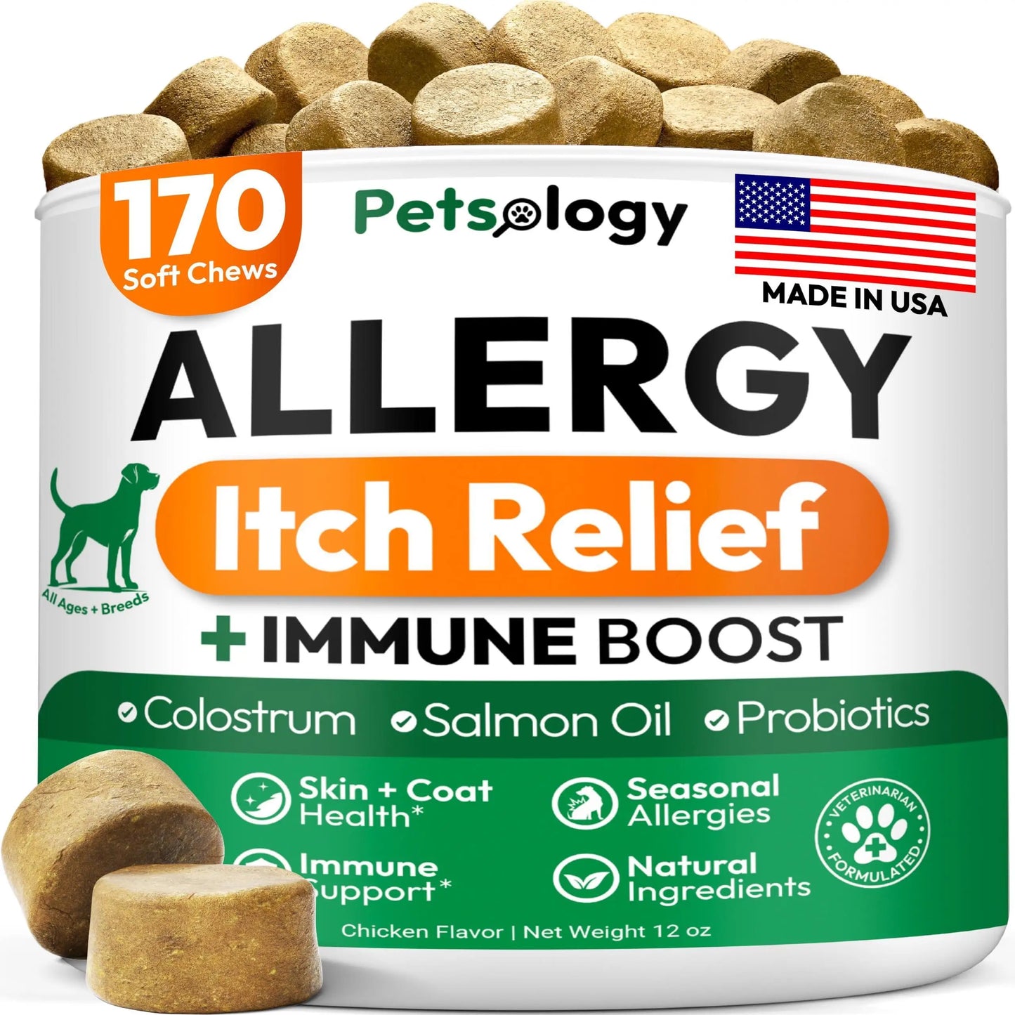 Friandises Anti-Allergies pour Chien – 170 Bouchées Naturelles – Soulagement des Démangeaisons, Peau Sensible & Irritée – Avec Oméga-3, Probiotiques et Huiles de Poisson