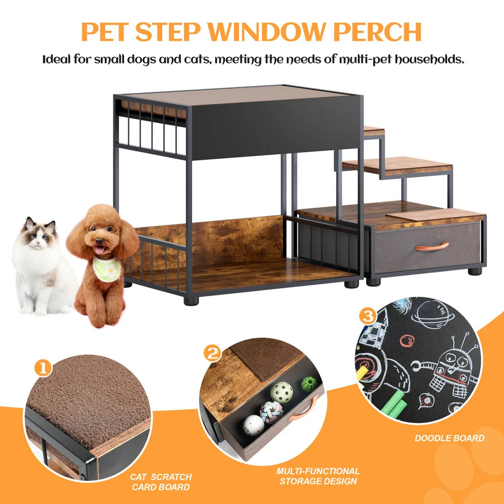 Lit Étagé avec Repose-Fenêtre pour Chien – Plateforme Multi-Niveaux avec Coussin en Mousse, Lit Surélevé pour Animaux, Escalier et Coin Détente de Chevet