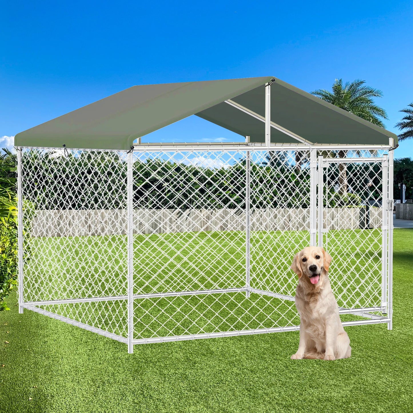 Grand Chenil Extérieur Renforcé 3x3 m – Structure Métallique avec Toit en Acier Galvanisé et Clôture en Mailles Soudées – Enclos pour Chien Résistant pour Jardin