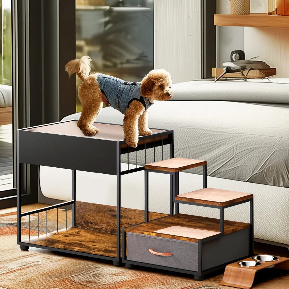 Lit Étagé avec Repose-Fenêtre pour Chien – Plateforme Multi-Niveaux avec Coussin en Mousse, Lit Surélevé pour Animaux, Escalier et Coin Détente de Chevet