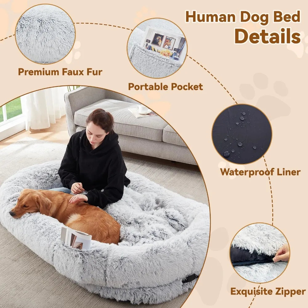 Lit pour Humain et Chien – Grand Lit 160x80x24 cm en Fausse Fourrure Lavable, Confort Orthopédique Idéal pour les Siestes et les Moments Partagés avec votre Animal