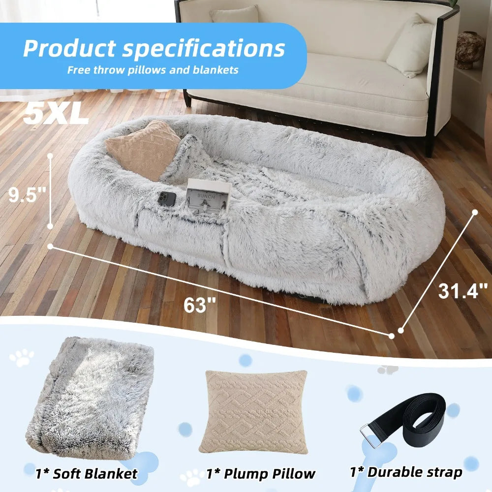 Lit pour Humain et Chien – Grand Lit 160x80x24 cm en Fausse Fourrure Lavable, Confort Orthopédique Idéal pour les Siestes et les Moments Partagés avec votre Animal