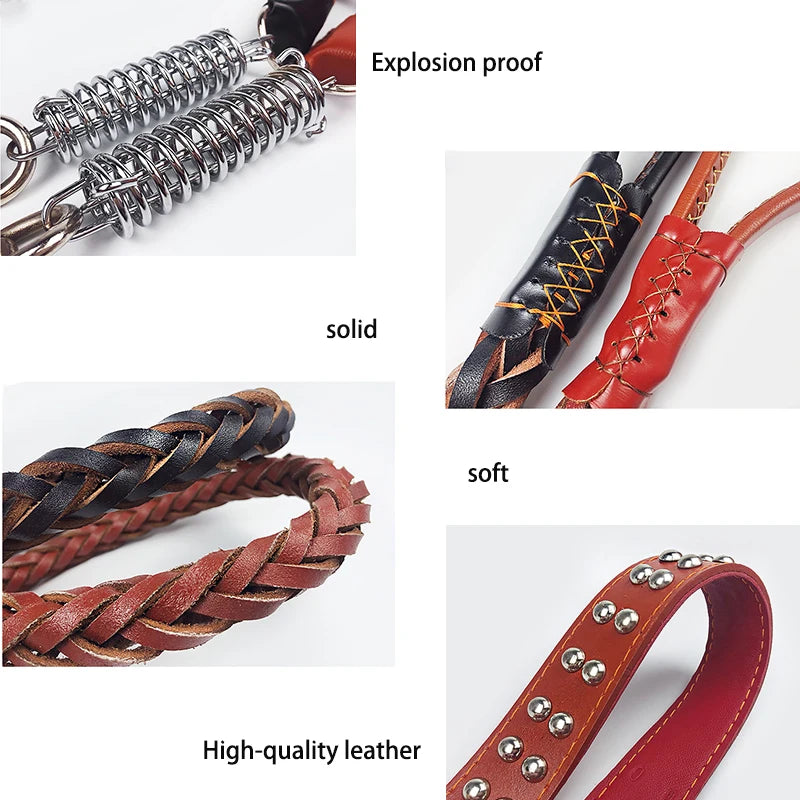Collier et Laisse en Cuir pour Chien de Grande Taille – Corde de Traction Solide avec Chaîne, Accessoire Sécurisé pour Prévenir les Fugues