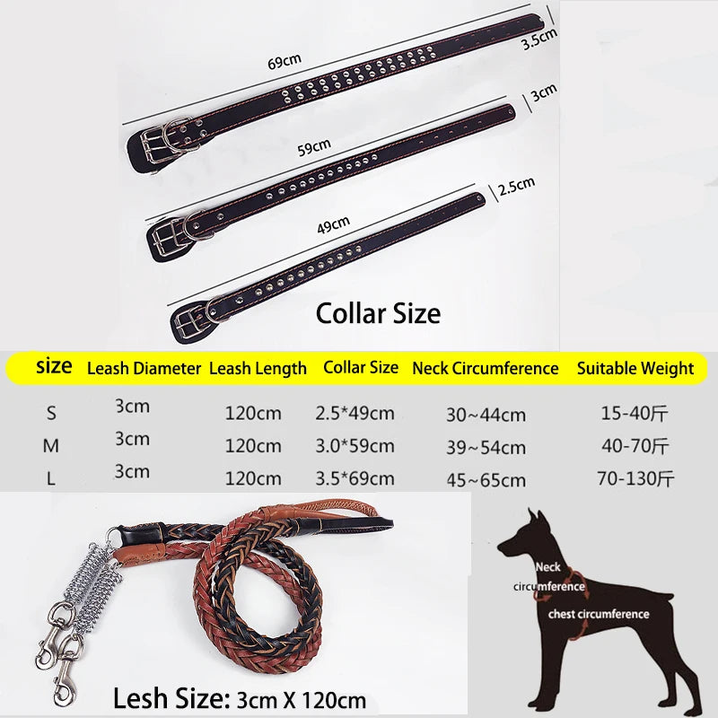 Collier et Laisse en Cuir pour Chien de Grande Taille – Corde de Traction Solide avec Chaîne, Accessoire Sécurisé pour Prévenir les Fugues