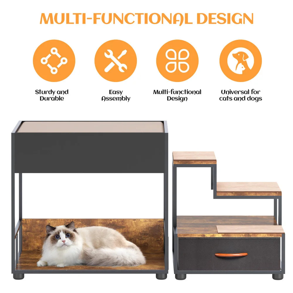Lit Étagé avec Repose-Fenêtre pour Chien – Plateforme Multi-Niveaux avec Coussin en Mousse, Lit Surélevé pour Animaux, Escalier et Coin Détente de Chevet
