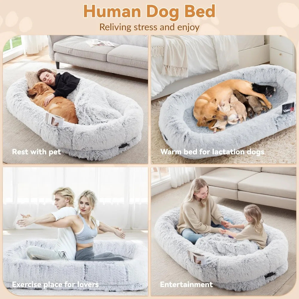 Lit pour Humain et Chien – Grand Lit 160x80x24 cm en Fausse Fourrure Lavable, Confort Orthopédique Idéal pour les Siestes et les Moments Partagés avec votre Animal