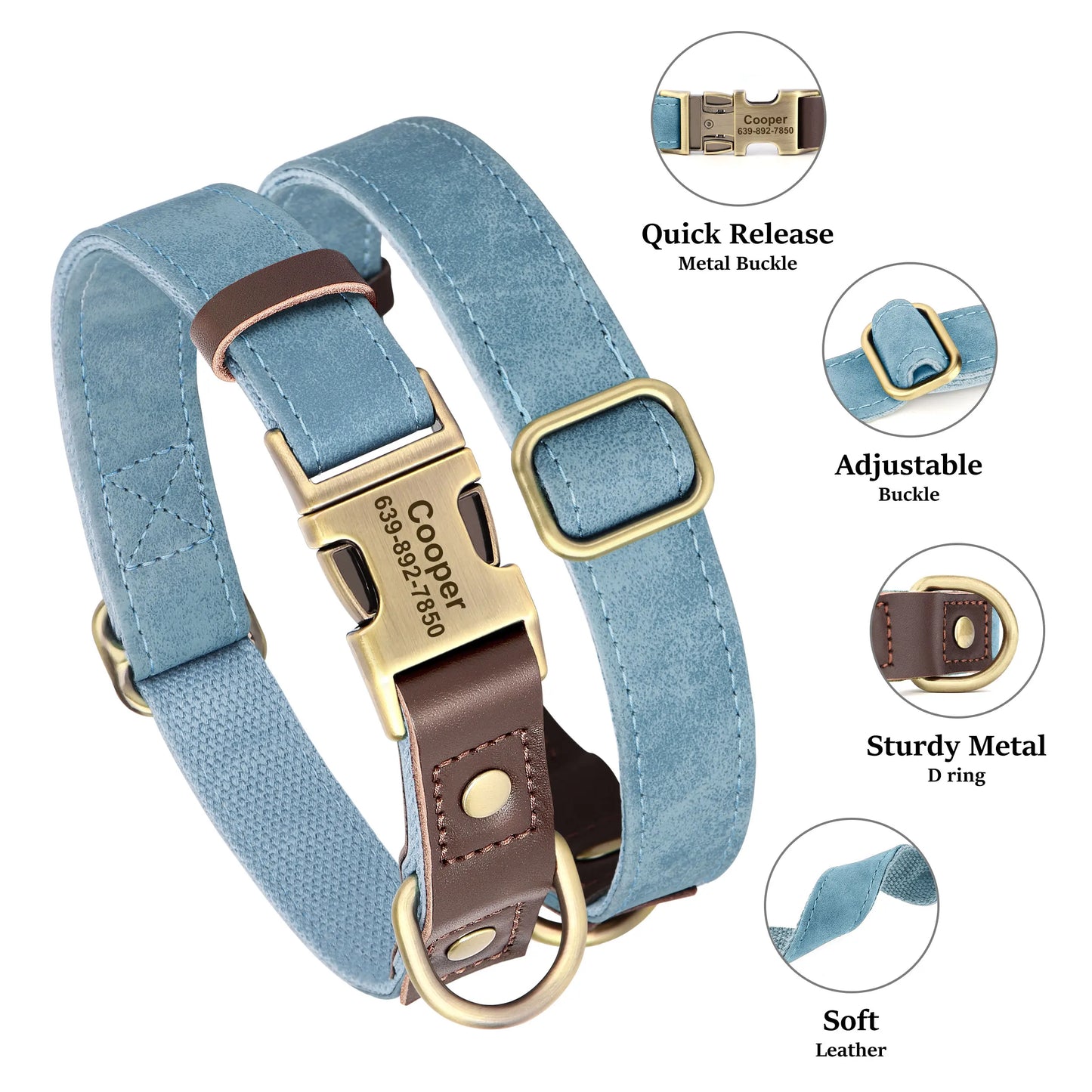 Collier pour Chien en Cuir PU Personnalisé – Collier Gravé avec Boucle Réglable et Plaque d’Identification, Durable pour Chiens Petits, Moyens et Grands (Pug, Bulldog, etc.)