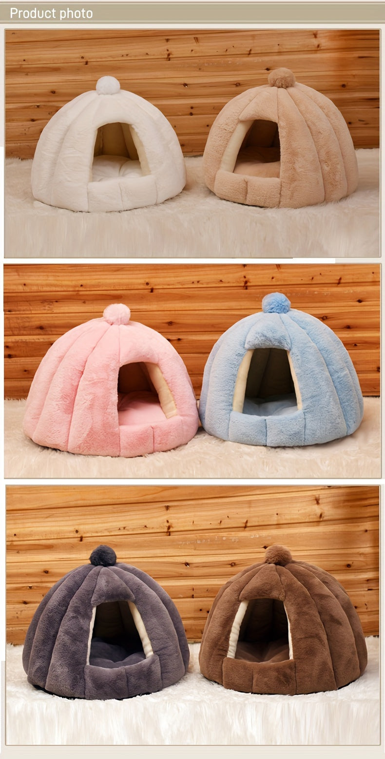 Niche Ronde en Peluche pour Chat – Abri Semi-Fermé Ultra Douillet pour le Sommeil Profond, Convient aux Chats, Petits Chiens et Lapins – Intérieur Confortable avec Pompon Décoratif