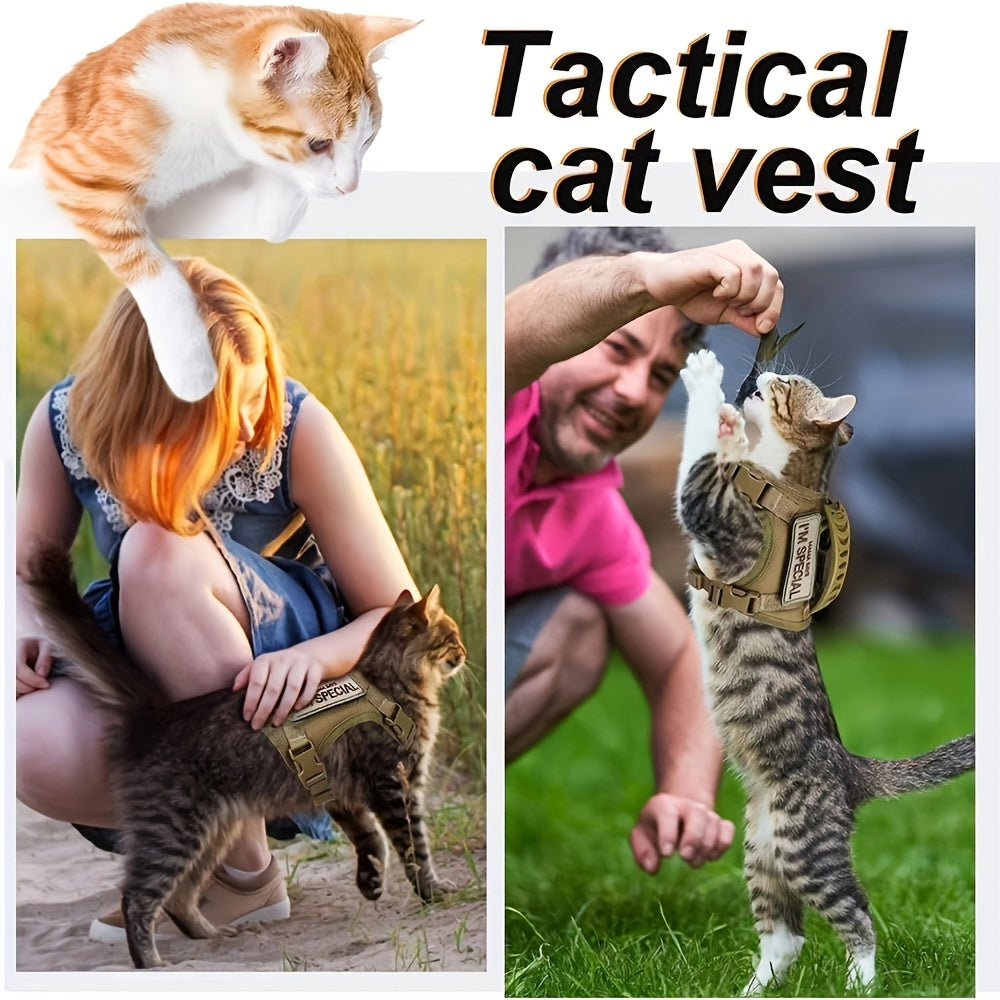 Harnais Tactique Antifugue pour Chat – 1 Pièce – Gilet de Marche Sécurisé et Confortable – Harnais Réglable en Maille Douce avec Poignée de Contrôle – Antitraction