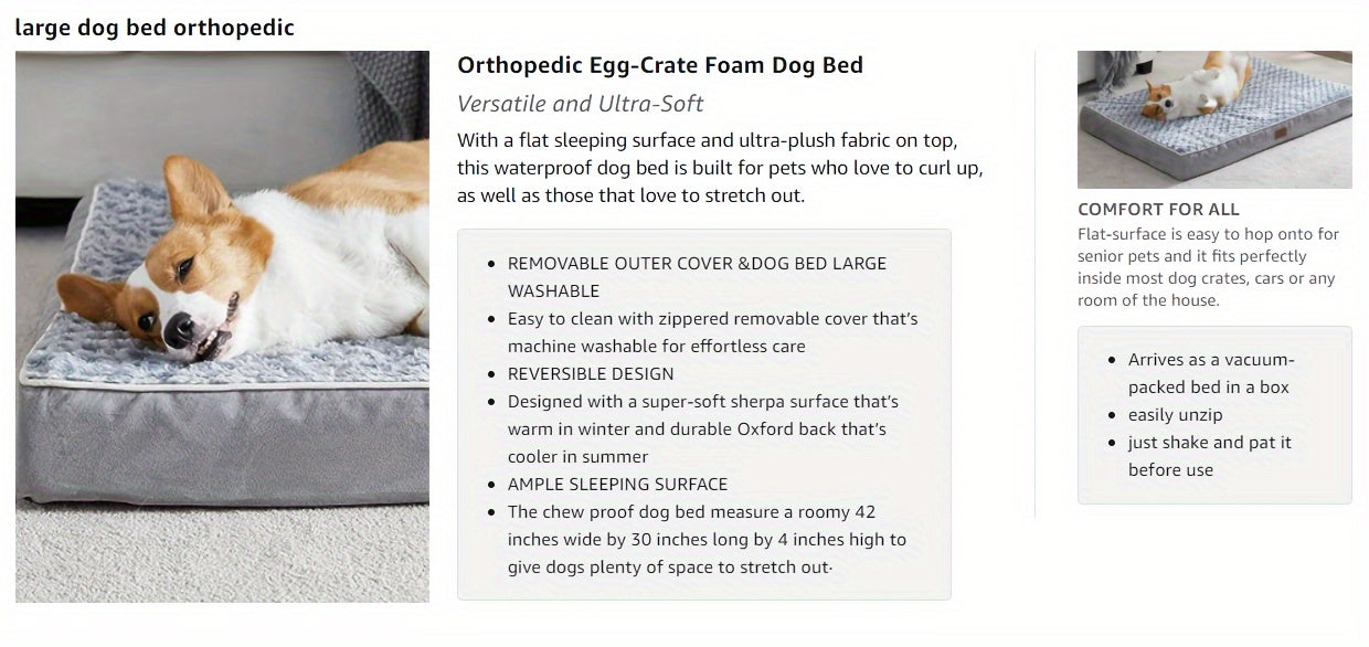 Lit Orthopédique Gris pour Chien – Canapé Matelassé à Mémoire de Forme avec Housse Imperméable Amovible