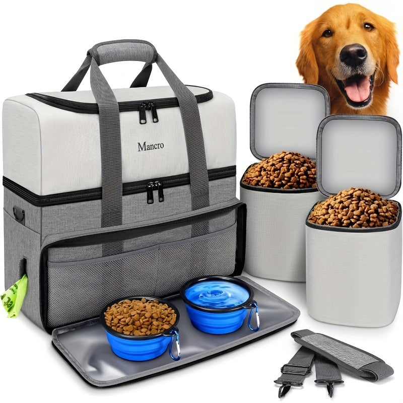 Sac de Voyage à Double Compartiment pour Chien – Avec 2 Contenants de Nourriture XL, 2 Gamelles Pliables, Sac Organisateur Multifonction pour Accessoires Canins – Idéal pour les Week-ends, Road Trips et Camping