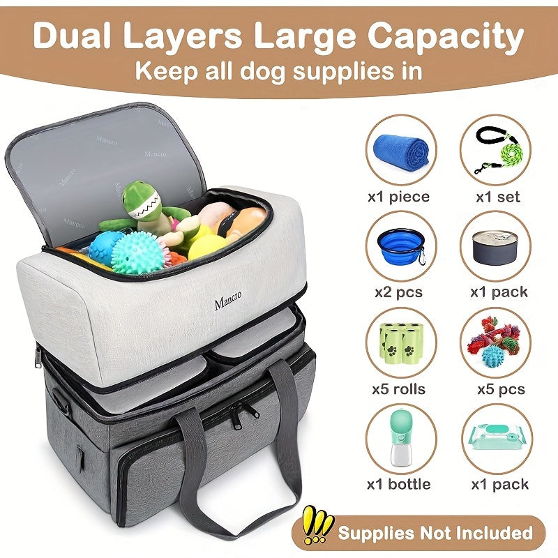 Sac de Voyage à Double Compartiment pour Chien – Avec 2 Contenants de Nourriture XL, 2 Gamelles Pliables, Sac Organisateur Multifonction pour Accessoires Canins – Idéal pour les Week-ends, Road Trips et Camping