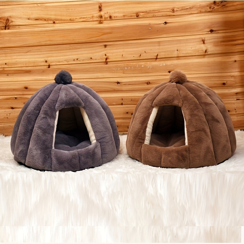 Niche Ronde en Peluche pour Chat – Abri Semi-Fermé Ultra Douillet pour le Sommeil Profond, Convient aux Chats, Petits Chiens et Lapins – Intérieur Confortable avec Pompon Décoratif