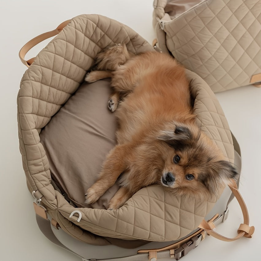 Siège Auto Matelassé pour Animaux – Coloris Gris Clair – Transporteur Sécurisé en Polyester Résistant avec Laisse Intégrée, Sangles de Sécurité et Appui-Tête Ajustable – Pour Chiens et Chats