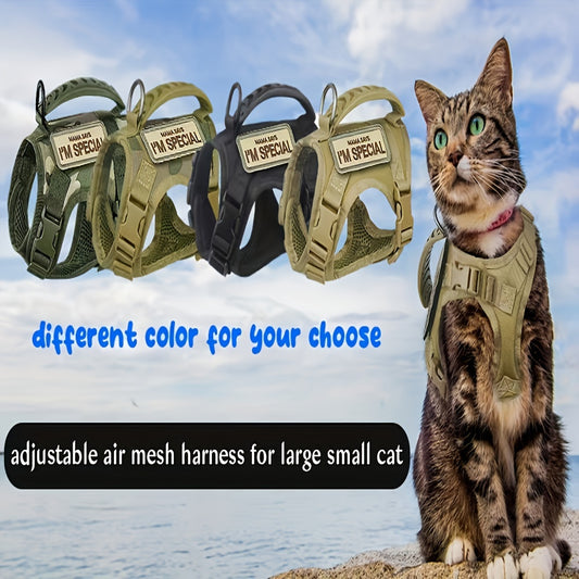 Harnais Tactique Antifugue pour Chat – 1 Pièce – Gilet de Marche Sécurisé et Confortable – Harnais Réglable en Maille Douce avec Poignée de Contrôle – Antitraction