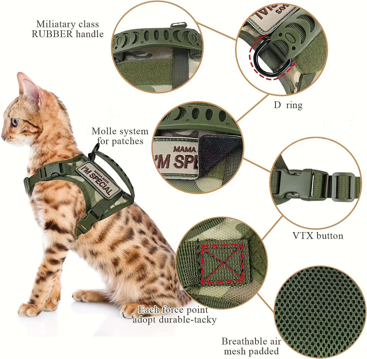 Harnais Tactique Antifugue pour Chat – 1 Pièce – Gilet de Marche Sécurisé et Confortable – Harnais Réglable en Maille Douce avec Poignée de Contrôle – Antitraction