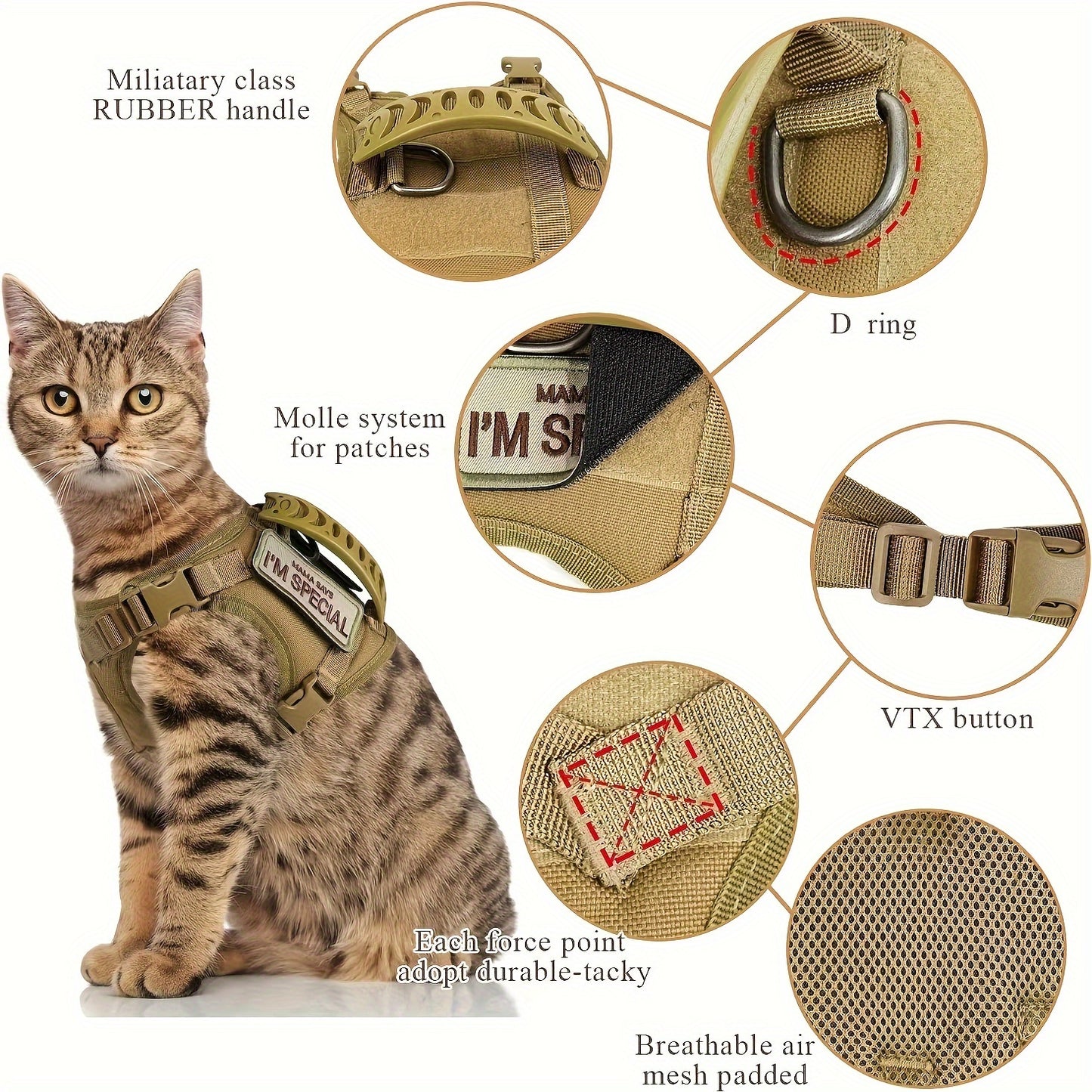 Harnais Tactique Antifugue pour Chat – 1 Pièce – Gilet de Marche Sécurisé et Confortable – Harnais Réglable en Maille Douce avec Poignée de Contrôle – Antitraction