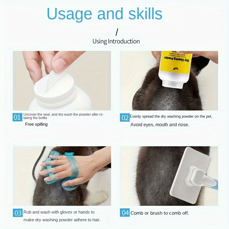 Poudre de Nettoyage à Sec pour Animaux – 260g – Shampooing Sans Rinçage pour Chiens, Chats, Chiots et Lapins – Soin Nettoyant Sec et Déodorant