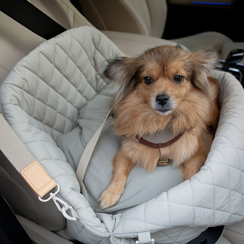 Siège Auto Matelassé pour Animaux – Coloris Gris Clair – Transporteur Sécurisé en Polyester Résistant avec Laisse Intégrée, Sangles de Sécurité et Appui-Tête Ajustable – Pour Chiens et Chats
