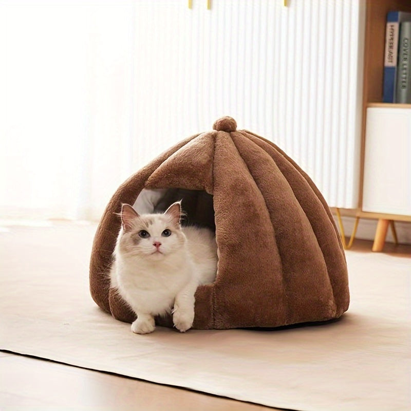 Niche Ronde en Peluche pour Chat – Abri Semi-Fermé Ultra Douillet pour le Sommeil Profond, Convient aux Chats, Petits Chiens et Lapins – Intérieur Confortable avec Pompon Décoratif
