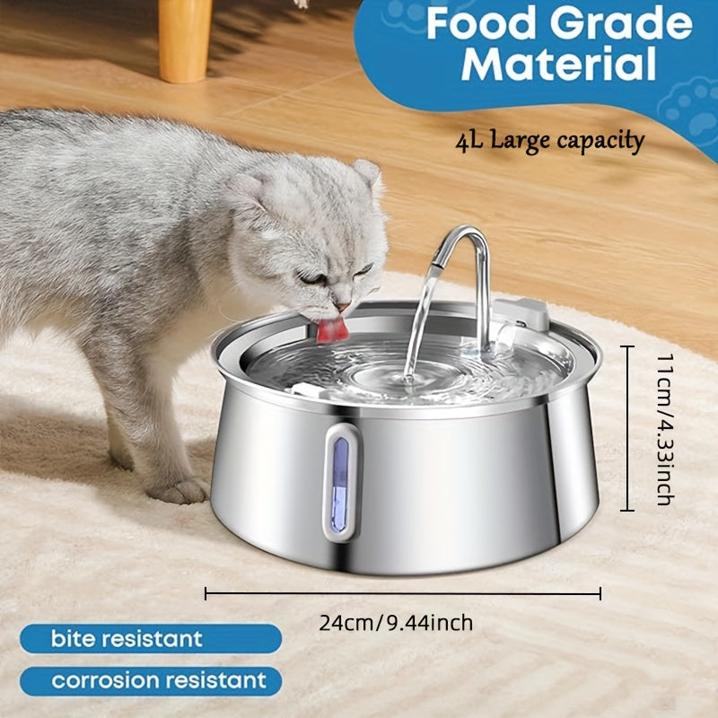 Fontaine à Eau Automatique en Acier Inoxydable pour Chat – 4L / 134oz – Distributeur d’Eau Silencieux avec Fenêtre de Niveau et Bec Imitation Robinet – Idéale pour Chats d’Intérieur