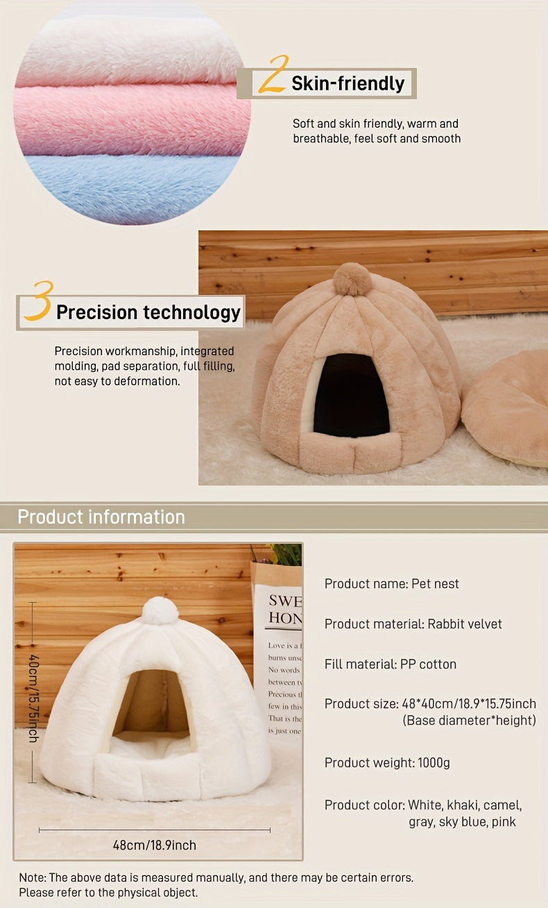 Niche Ronde en Peluche pour Chat – Abri Semi-Fermé Ultra Douillet pour le Sommeil Profond, Convient aux Chats, Petits Chiens et Lapins – Intérieur Confortable avec Pompon Décoratif