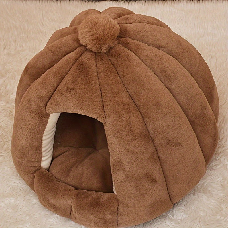 Niche Ronde en Peluche pour Chat – Abri Semi-Fermé Ultra Douillet pour le Sommeil Profond, Convient aux Chats, Petits Chiens et Lapins – Intérieur Confortable avec Pompon Décoratif