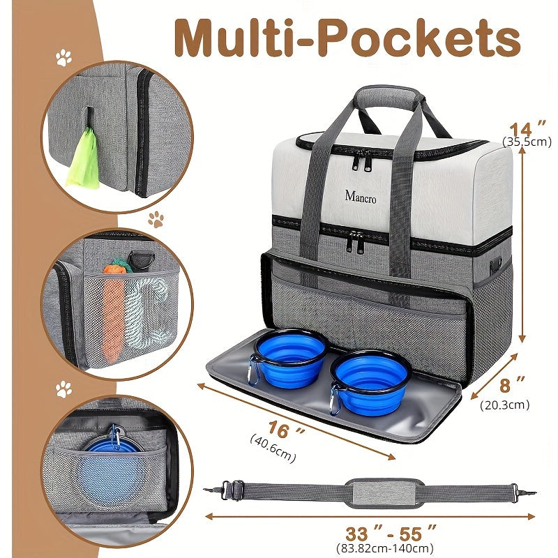 Sac de Voyage à Double Compartiment pour Chien – Avec 2 Contenants de Nourriture XL, 2 Gamelles Pliables, Sac Organisateur Multifonction pour Accessoires Canins – Idéal pour les Week-ends, Road Trips et Camping