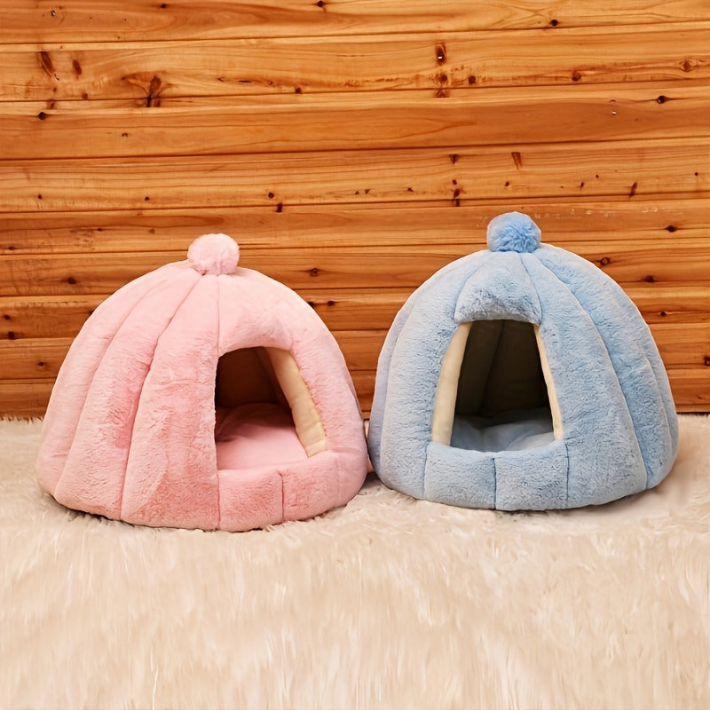 Niche Ronde en Peluche pour Chat – Abri Semi-Fermé Ultra Douillet pour le Sommeil Profond, Convient aux Chats, Petits Chiens et Lapins – Intérieur Confortable avec Pompon Décoratif