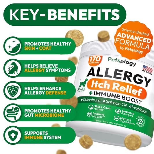 Friandises Anti-Allergies pour Chien – 170 Bouchées Naturelles – Soulagement des Démangeaisons, Peau Sensible & Irritée – Avec Oméga-3, Probiotiques et Huiles de Poisson