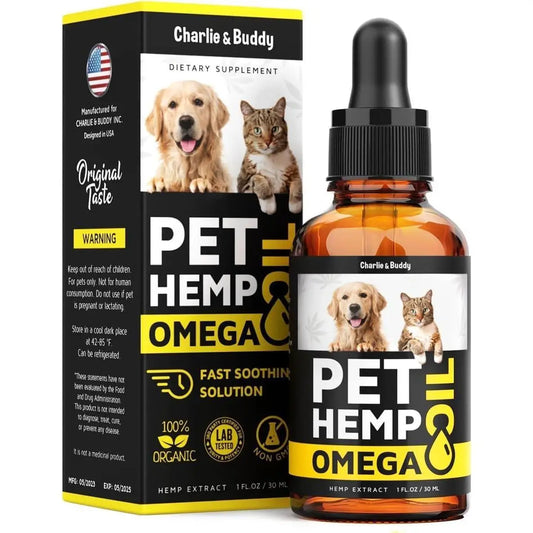 Charlie & Buddy – Huile de Chanvre et de Saumon pour Chiens et Chats – Riche en Oméga 3, 6, 9 et Vitamines B & E – Pour la Santé de la Peau et du Pelage