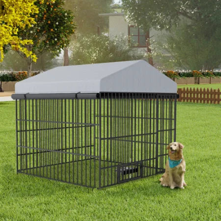 Grand Chenil Extérieur pour Chien – 2 x 2 x 1,95 m – Enclos Métallique avec Toit de Protection – Abri Spacieux pour Chien avec Parc de Détente – Marque FCJ