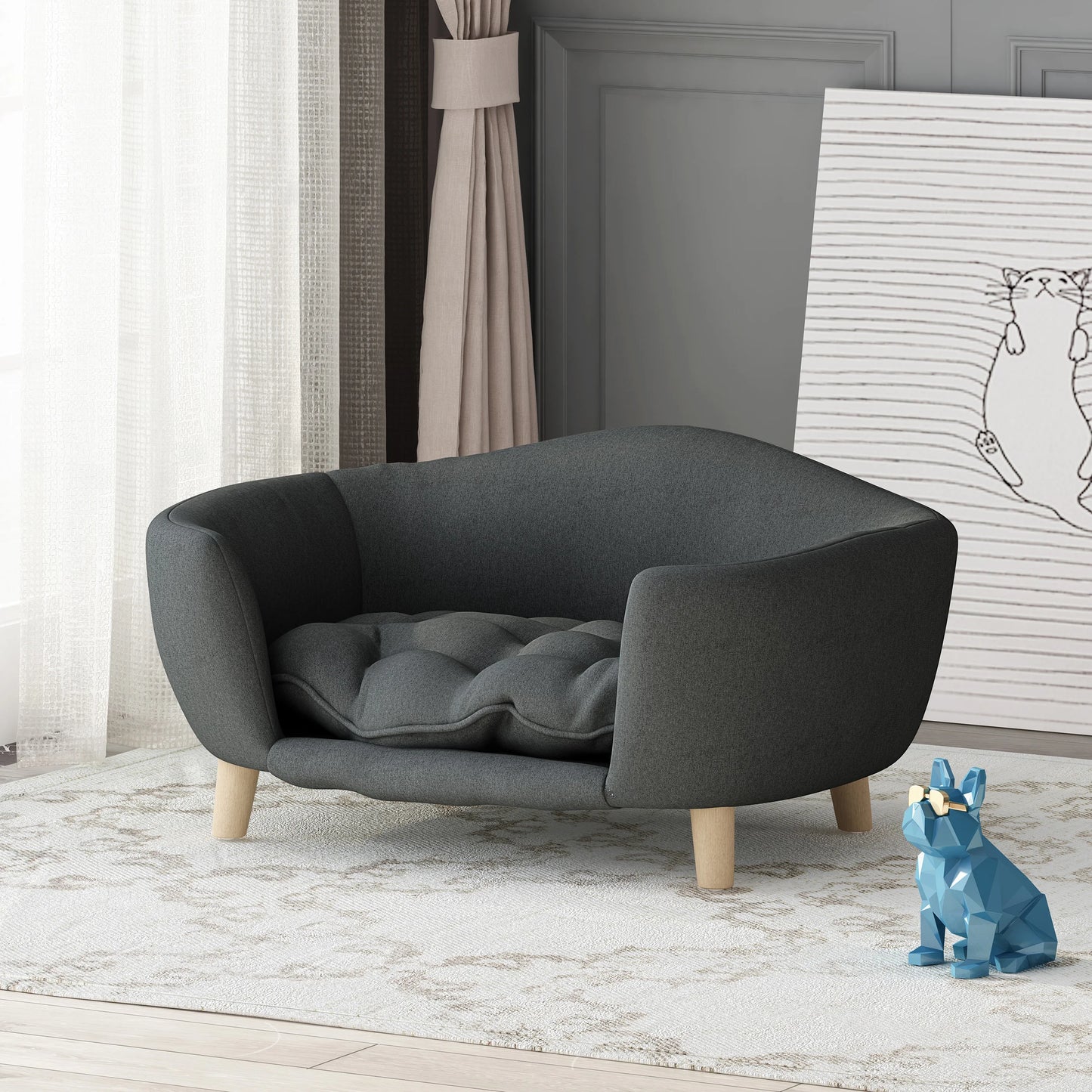 Lit pour Chien Rectangulaire Classique FCJ – Pour Petits Animaux, Housse Amovible, Design Rayé ou Uni, Motif Animalier, Tissu Suédine et Peluche Douce