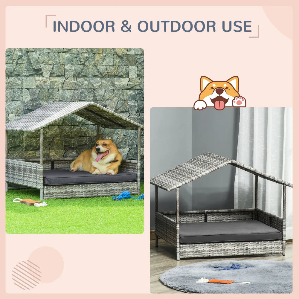 Niche en Rotin d’Extérieur avec Baldaquin – Lit pour Chien en Résine Tressée avec Coussin Résistant à l’Eau, Pour Chiens Petits et Moyens – Coloris Crème
