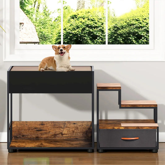 Lit Étagé avec Repose-Fenêtre pour Chien – Plateforme Multi-Niveaux avec Coussin en Mousse, Lit Surélevé pour Animaux, Escalier et Coin Détente de Chevet