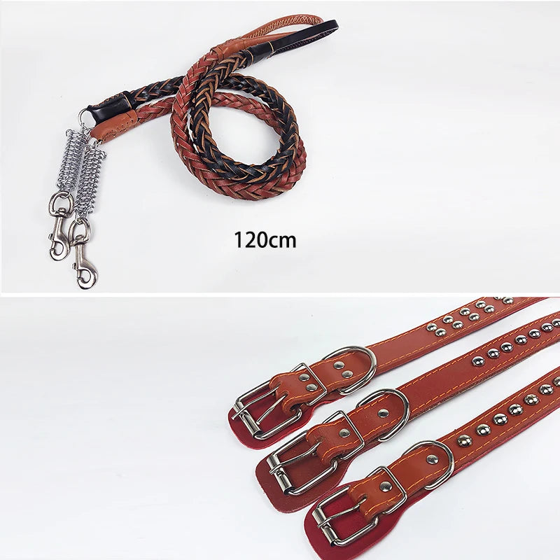 Collier et Laisse en Cuir pour Chien de Grande Taille – Corde de Traction Solide avec Chaîne, Accessoire Sécurisé pour Prévenir les Fugues