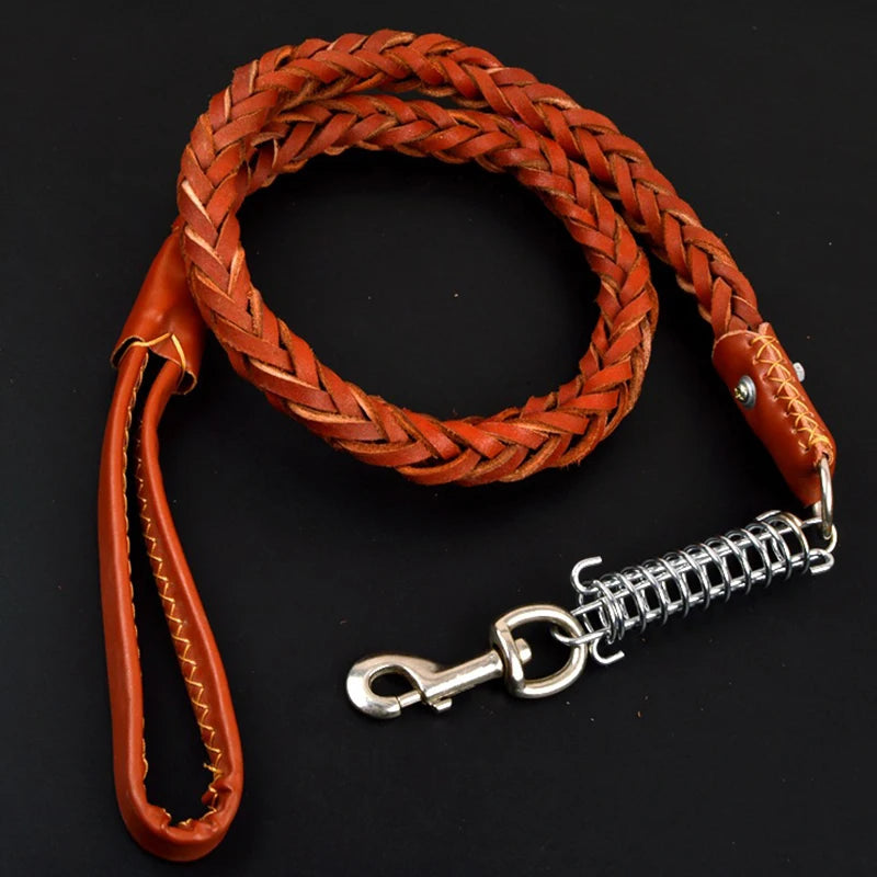 Collier et Laisse en Cuir pour Chien de Grande Taille – Corde de Traction Solide avec Chaîne, Accessoire Sécurisé pour Prévenir les Fugues