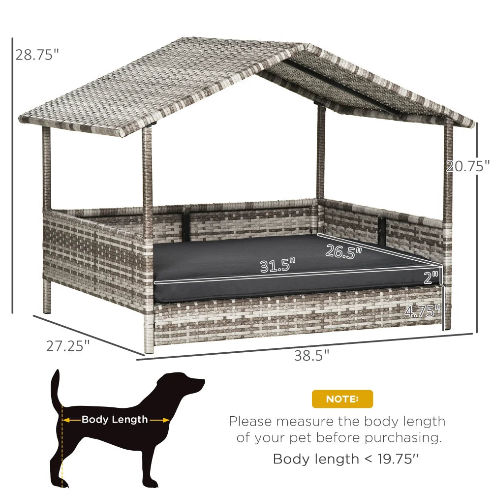 Niche en Rotin d’Extérieur avec Baldaquin – Lit pour Chien en Résine Tressée avec Coussin Résistant à l’Eau, Pour Chiens Petits et Moyens – Coloris Crème