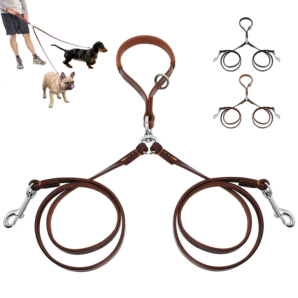 Laisse Double en Cuir pour Deux Chiens – Laisse Coupleur Anti-Enchevêtrement avec Poignée, Idéale pour la Marche et le Dressage de Chiens Petits à Moyens