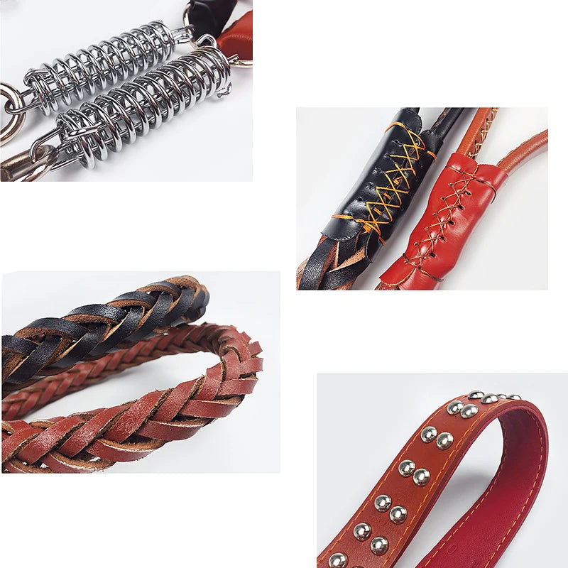Collier et Laisse en Cuir pour Chien de Grande Taille – Corde de Traction Solide avec Chaîne, Accessoire Sécurisé pour Prévenir les Fugues