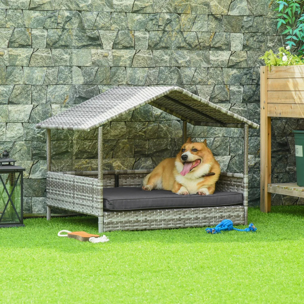 Niche en Rotin d’Extérieur avec Baldaquin – Lit pour Chien en Résine Tressée avec Coussin Résistant à l’Eau, Pour Chiens Petits et Moyens – Coloris Crème