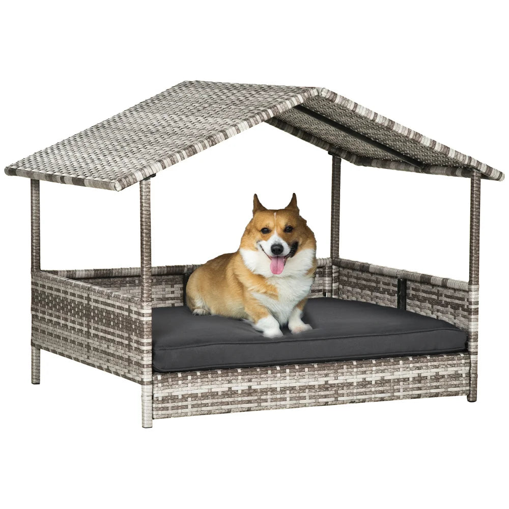 Niche en Rotin d’Extérieur avec Baldaquin – Lit pour Chien en Résine Tressée avec Coussin Résistant à l’Eau, Pour Chiens Petits et Moyens – Coloris Crème
